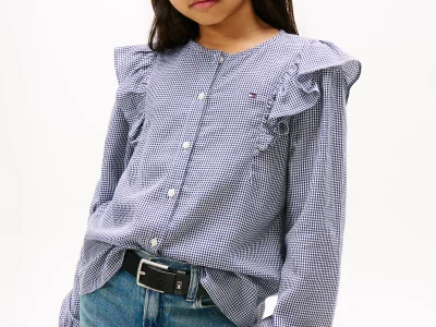 Kids' Long-Sleeve Check Ruffle Shirt - Blue Ink #XG01695-C7H