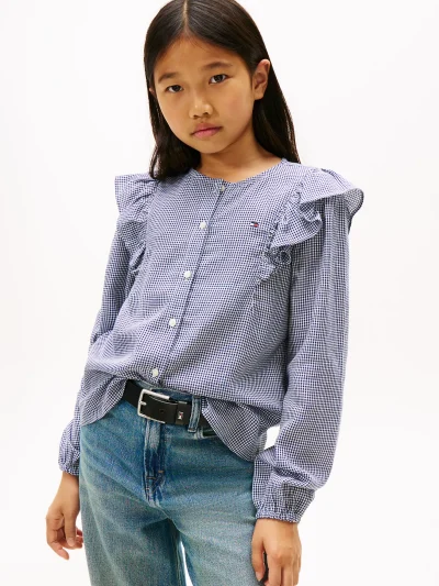 Kids' Long-Sleeve Check Ruffle Shirt - Blue Ink #XG01695-C7H - Image 1