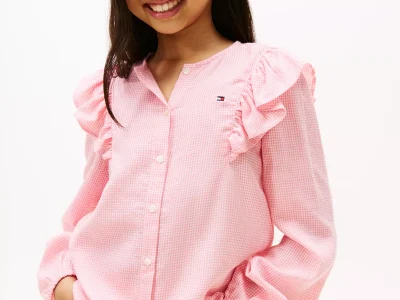 Kids' Long-Sleeve Check Ruffle Shirt - Darling Pink #XG01695-TI4