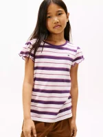 Kids' Stripe Lettuce-Trim Sleeve T-Shirt - Midnight Plum #XG01730-VP5