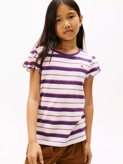Kids' Stripe Lettuce-Trim Sleeve T-Shirt - Midnight Plum #XG01730-VP5 - Image 1