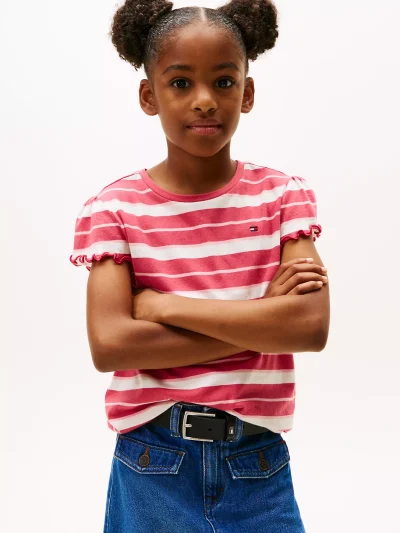 Kids' Stripe Lettuce-Trim Sleeve T-Shirt - Heritage Pink #XG01730-XI0 - Image 1