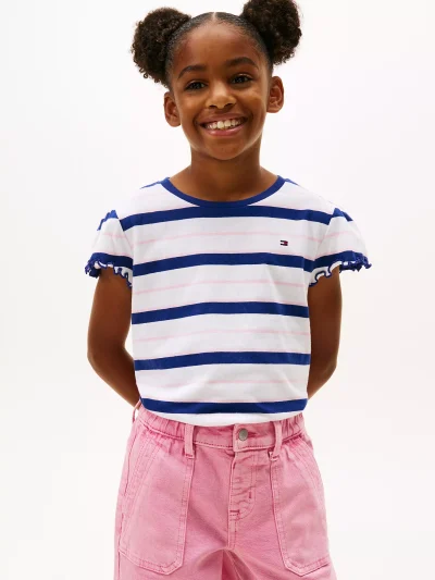 Kids' Stripe Lettuce-Trim Sleeve T-Shirt - Optic White #XG01730-YCF - Image 1