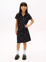 Kids' Floral Print Polo Dress-Navy Blue