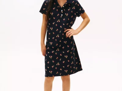 Kids' Floral Print Polo Dress-Navy Blue