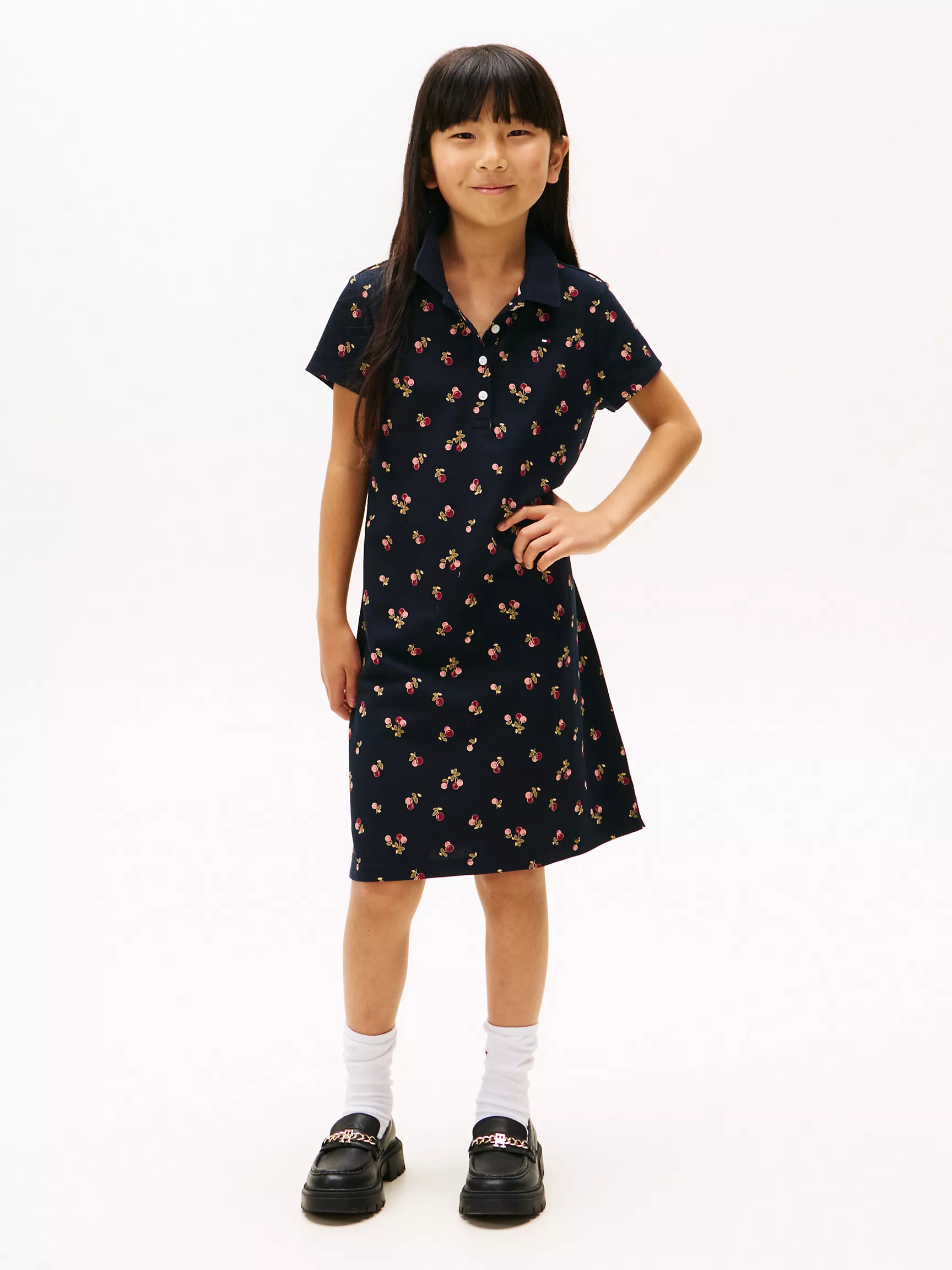 XG01743_DW5_main Kids' Floral Print Polo Dress-Navy Blue - Image 1