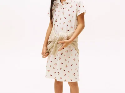 Kids' Floral Print Polo Dress-Ivory