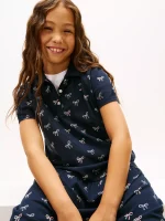 Kids' Bow Print Stretch Polo Dress-Navy - Image 5