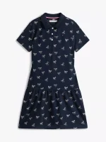 Kids' Bow Print Stretch Polo Dress-Navy - Image 2