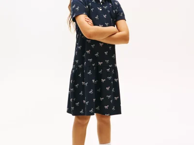 Kids' Bow Print Stretch Polo Dress-Navy