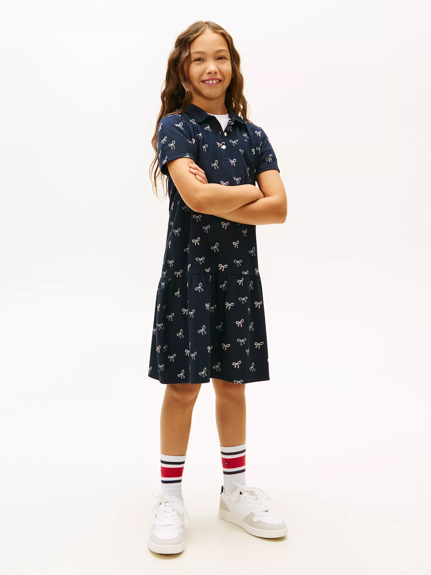 XG01859_DW5_main Kids' Bow Print Stretch Polo Dress-Navy - Image 1