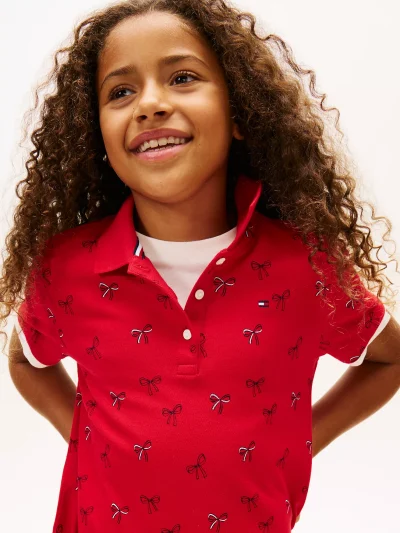 Kids' Bow Print Stretch Polo Dress-Primary Red - Image 3