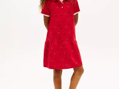 Kids' Bow Print Stretch Polo Dress-Primary Red