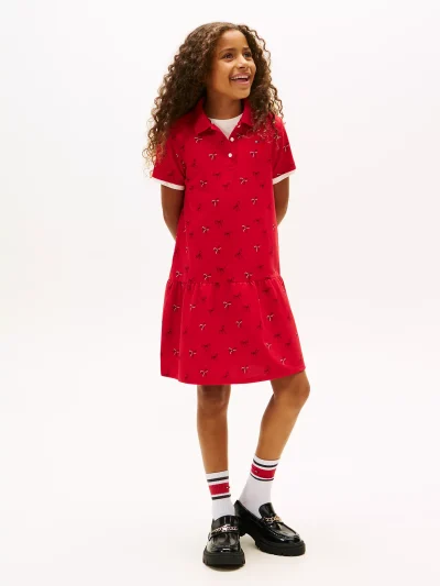 Kids' Bow Print Stretch Polo Dress-Primary Red - Image 1