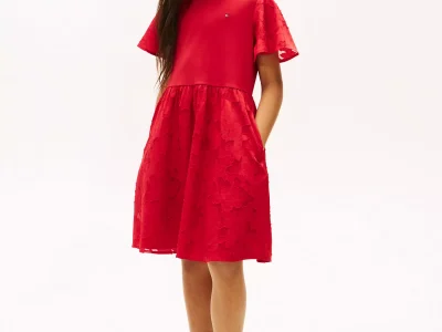 Kids' Floral Print Interlock Dress-Primary Red