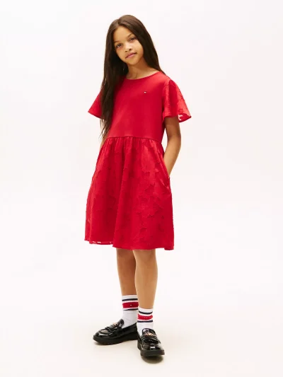 Kids' Floral Print Interlock Dress-Primary Red - Image 1