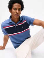 Men Slim Fit Block Stripe Polo-Faded Indigo - Image 2
