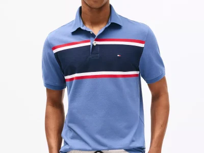 Men Slim Fit Block Stripe Polo-Faded Indigo