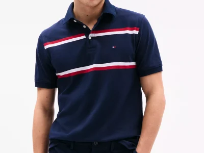 Men Slim Fit Block Stripe Polo-Navy