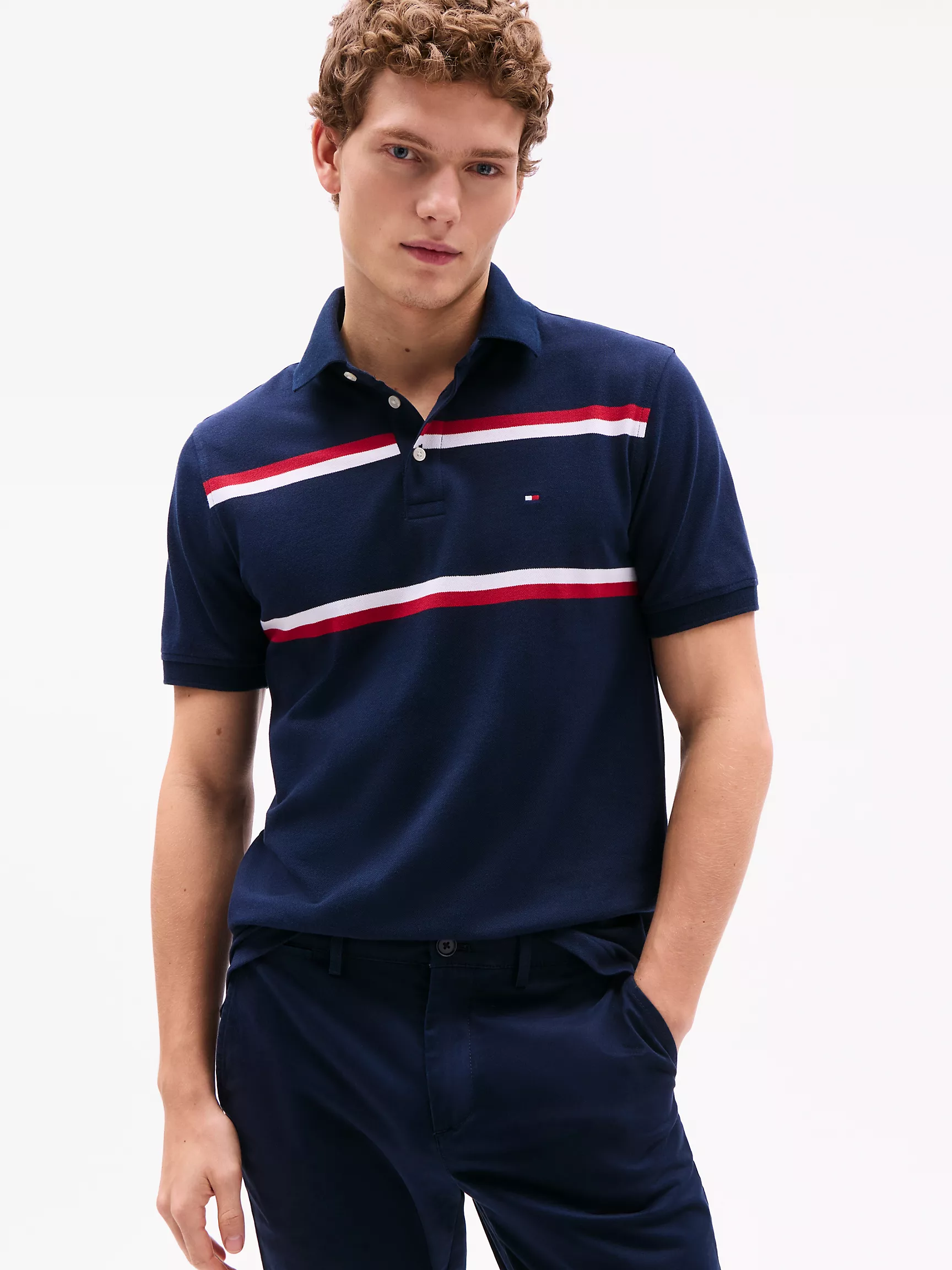 XM03879_DW5_main Men Slim Fit Block Stripe Polo-Navy - Image 1