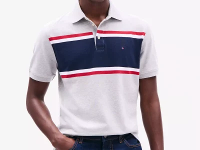 Men Slim Fit Block Stripe Polo-Light Grey Heather