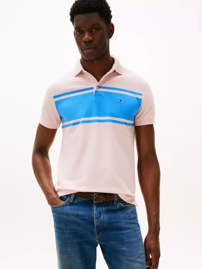 Slim Fit Block Stripe Polo-Whimsy Pink - Image 1