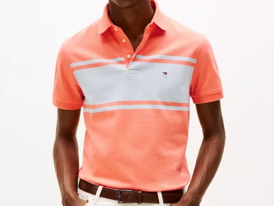 Slim Fit Block Stripe Polo-Peach Dusk