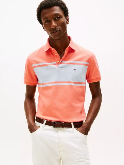Slim Fit Block Stripe Polo-Peach Dusk - Image 1