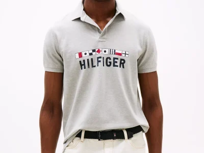 Men Regular Fit Nautical Graphic Logo Polo - Grey Heather