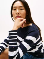 Women Stripe Boatneck Sweater - Navy Stripe #XW04164-FAP - Image 3