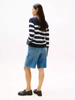 Women Stripe Boatneck Sweater - Navy Stripe #XW04164-FAP - Image 2
