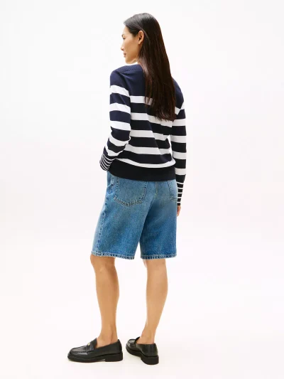 Women Stripe Boatneck Sweater - Navy Stripe #XW04164-FAP - Image 2