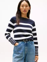 Women Stripe Boatneck Sweater - Navy Stripe #XW04164-FAP