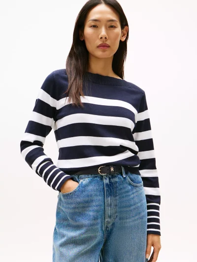 Women Stripe Boatneck Sweater - Navy Stripe #XW04164-FAP - Image 1