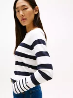 Women Stripe Boatneck Sweater - Ecru Stripe #XW04164-YBL - Image 3