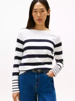 Women Stripe Boatneck Sweater - Ecru Stripe #XW04164-YBL
