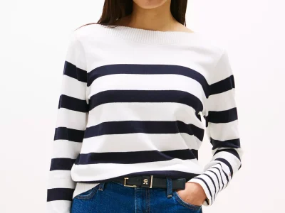 Women Stripe Boatneck Sweater - Ecru Stripe #XW04164-YBL