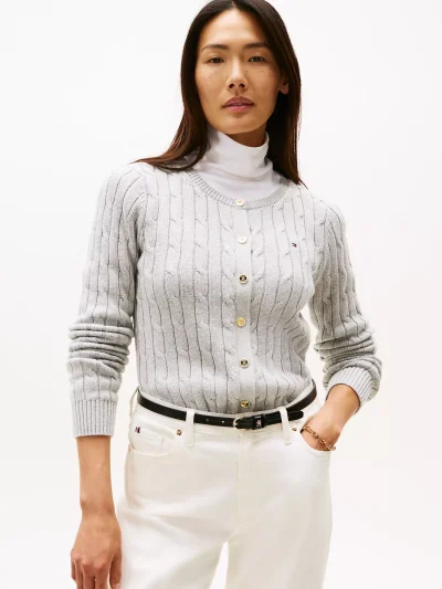 Cable Knit Cardigan- Grey#XW04356-P8F - Image 1