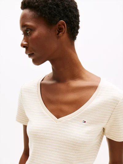 Stripe V-Neck Favorite T-Shirt-Dark Beige Stripe# XW05026-HDJ - Image 2