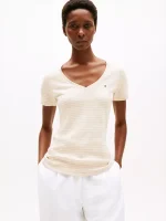 Stripe V-Neck Favorite T-Shirt-Dark Beige Stripe# XW05026-HDJ