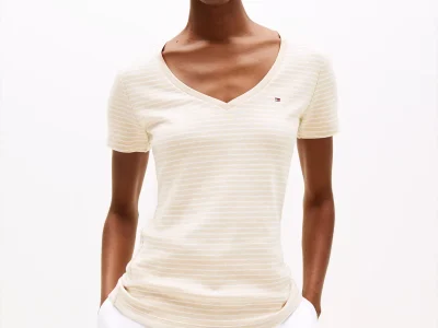 Stripe V-Neck Favorite T-Shirt-Dark Beige Stripe# XW05026-HDJ