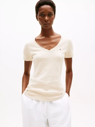 Stripe V-Neck Favorite T-Shirt-Dark Beige Stripe# XW05026-HDJ - Image 1