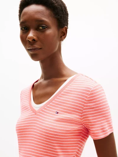 Stripe V-Neck Favorite T-Shirt-  Peach Dusk Stripe#XW05026-TKL - Image 2