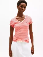 Stripe V-Neck Favorite T-Shirt- Peach Dusk Stripe#XW05026-TKL - Image 3