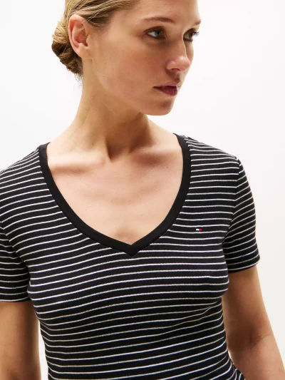 Stripe V-Neck Favorite T-Shirt-Black Stripe#XW05026-BDS - Image 2