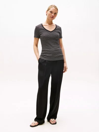 Stripe V-Neck Favorite T-Shirt-Black Stripe#XW05026-BDS - Image 3