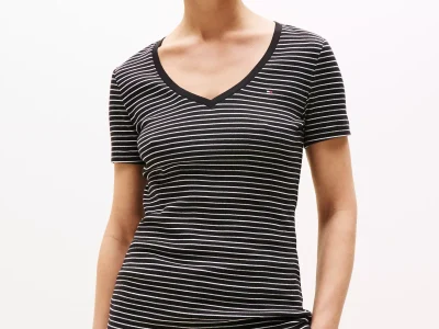 Stripe V-Neck Favorite T-Shirt-Black Stripe#XW05026-BDS