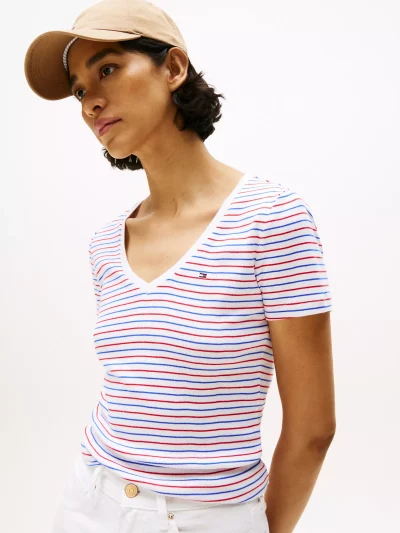 Stripe V-Neck Favorite T-Shirt-  Dazzling Blue Stripe#XW05026-CEI - Image 2