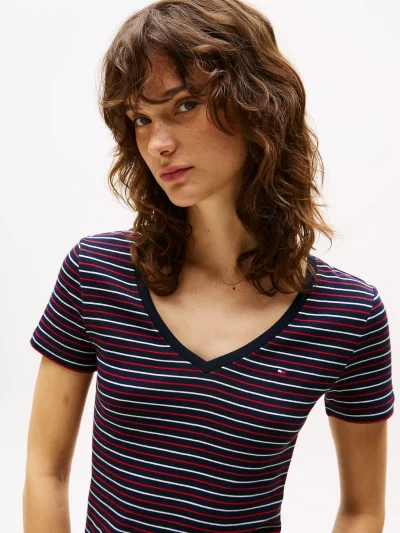 Stripe V-Neck Favorite T-Shirt- Navy Stripe#XW05026-DW5 - Image 2