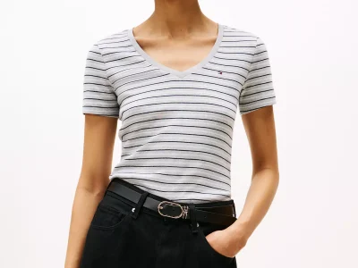 Stripe V-Neck Favorite T-Shirt-Light Grey Heather Stripe# XW05026-P01